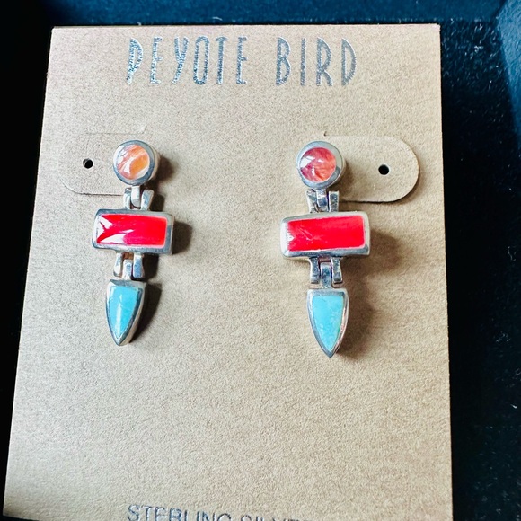 Peyote Bird Sterling Silver Earrings - Red and Blue - Picture 5 of 8
